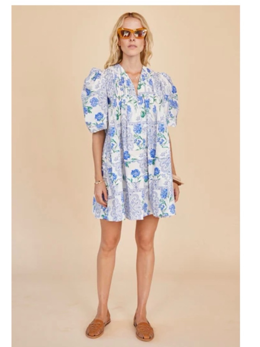 HUNTER BELL White Mini Dress with Blue Floral Print